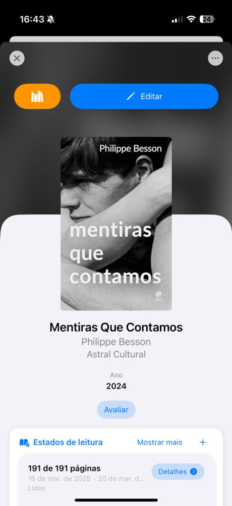 Screenshot do app Book Track mostrando a capa do livro  Mentiras que Contamos