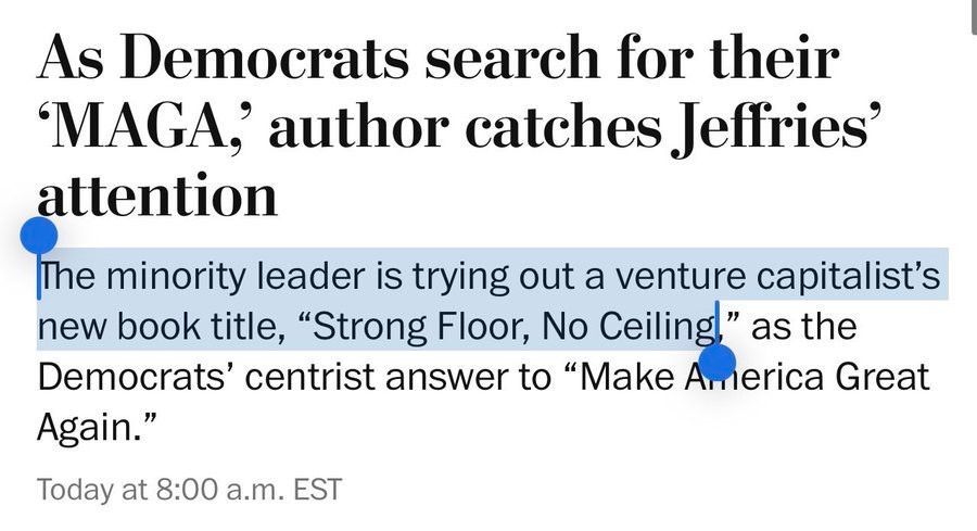 As Democrats search for their
'MAGA, author catches Jeffries'
attention
The minority leader is trying out a venture capitalist's new book title, "Strong Floor, No Ceiling," as the Democrats' centrist answer to "Make America Great
Again."
Today at 8:00 a.m. EST