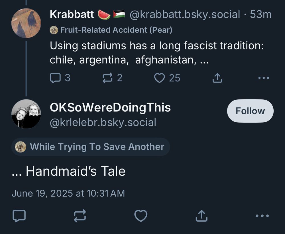 OP: Using stadiums has a long fascist tradition: chile, argentina, afghanistan,

reply: … Handmaid’s Tale