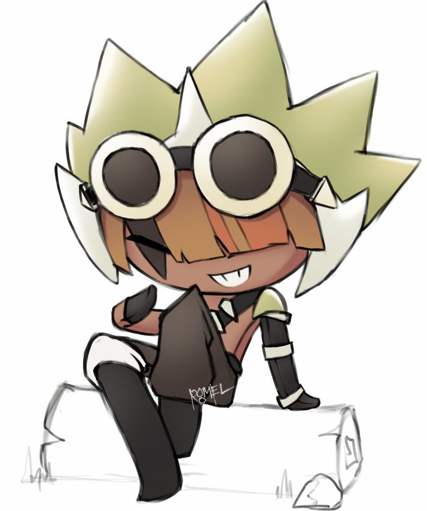 Sting Durian Cookie sitting on a fell log with one of his knees up and laughing