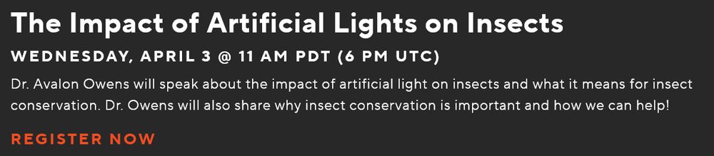 Screenshot:

The Impact of Artificial Lights on Insects
Wednesday, April 3 @ 11 AM PDT (6 PM UTC)

Dr. Avalon Owens will speak about the impact of artificial light on insects and what it means for insect conservation. Dr. Owens will also share why insect conservation is important and how we can help!