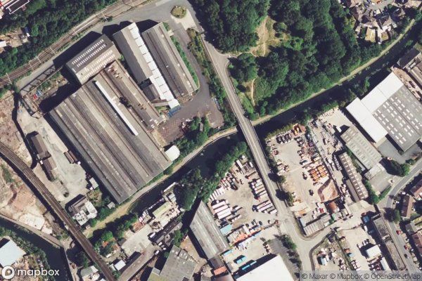 A satellite image of the area containing Horseley Fields Railway Basin Bridge. Provided by MapBox.