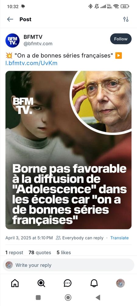 Capture d'écran d'un post BFMTV du 3 avril 2025 qui dit "Borne pas favorable à la diffusion de "Adolescence" dans les écoles car "on a de bonnes séries françaises ".