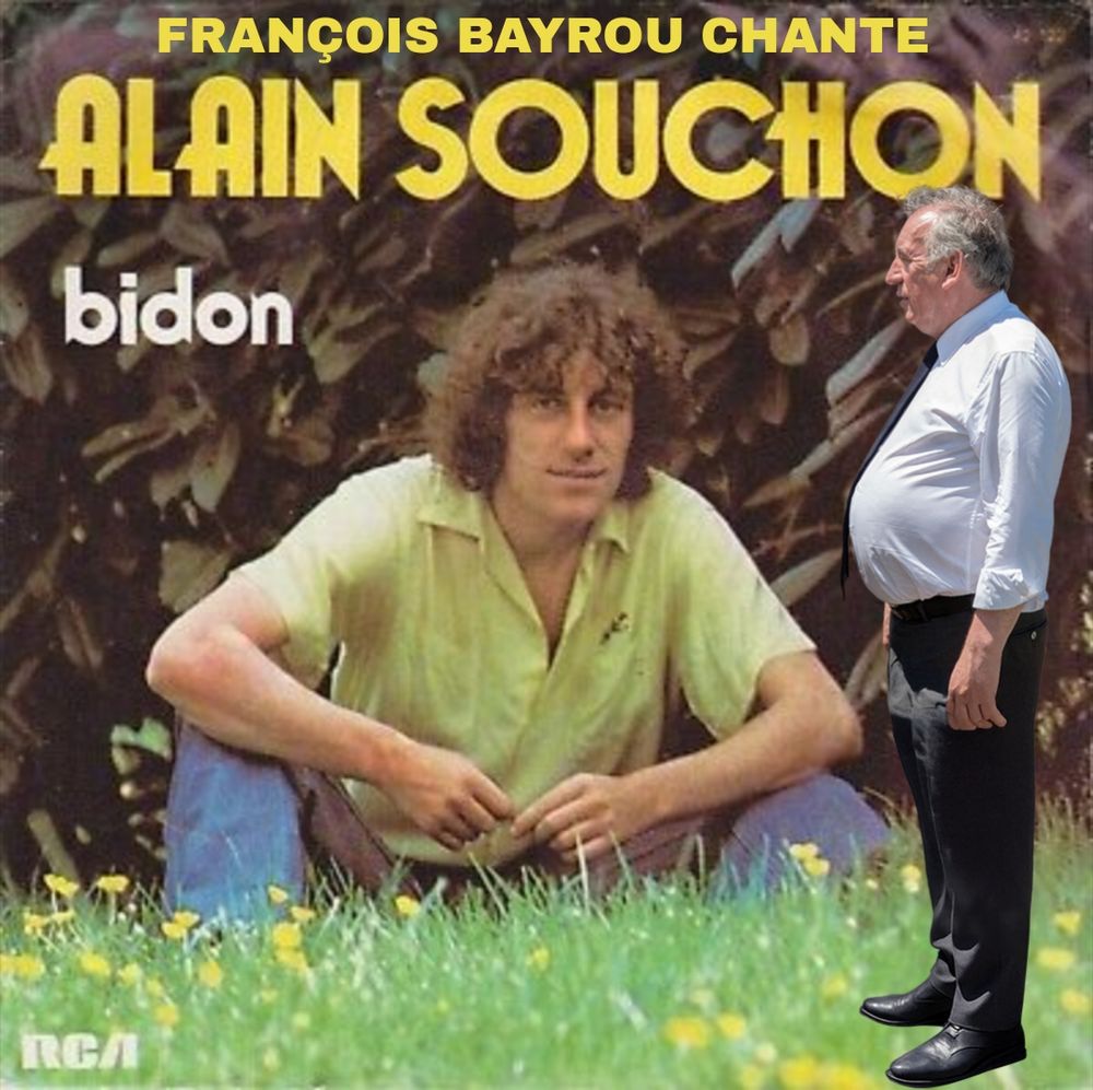 Célèbre profil bedonnant de Bayrou posé sur l'album de Souchon intitulé "Bidon"