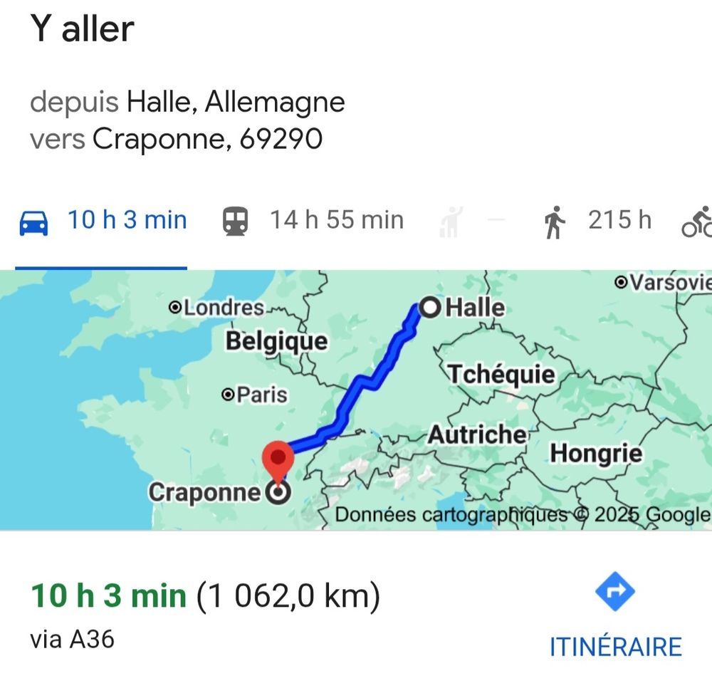 Trajet sur une carte entre Halle (Allemagne) et Craponne (region de Lyon) pour rappeler le célèbre bandit américain 