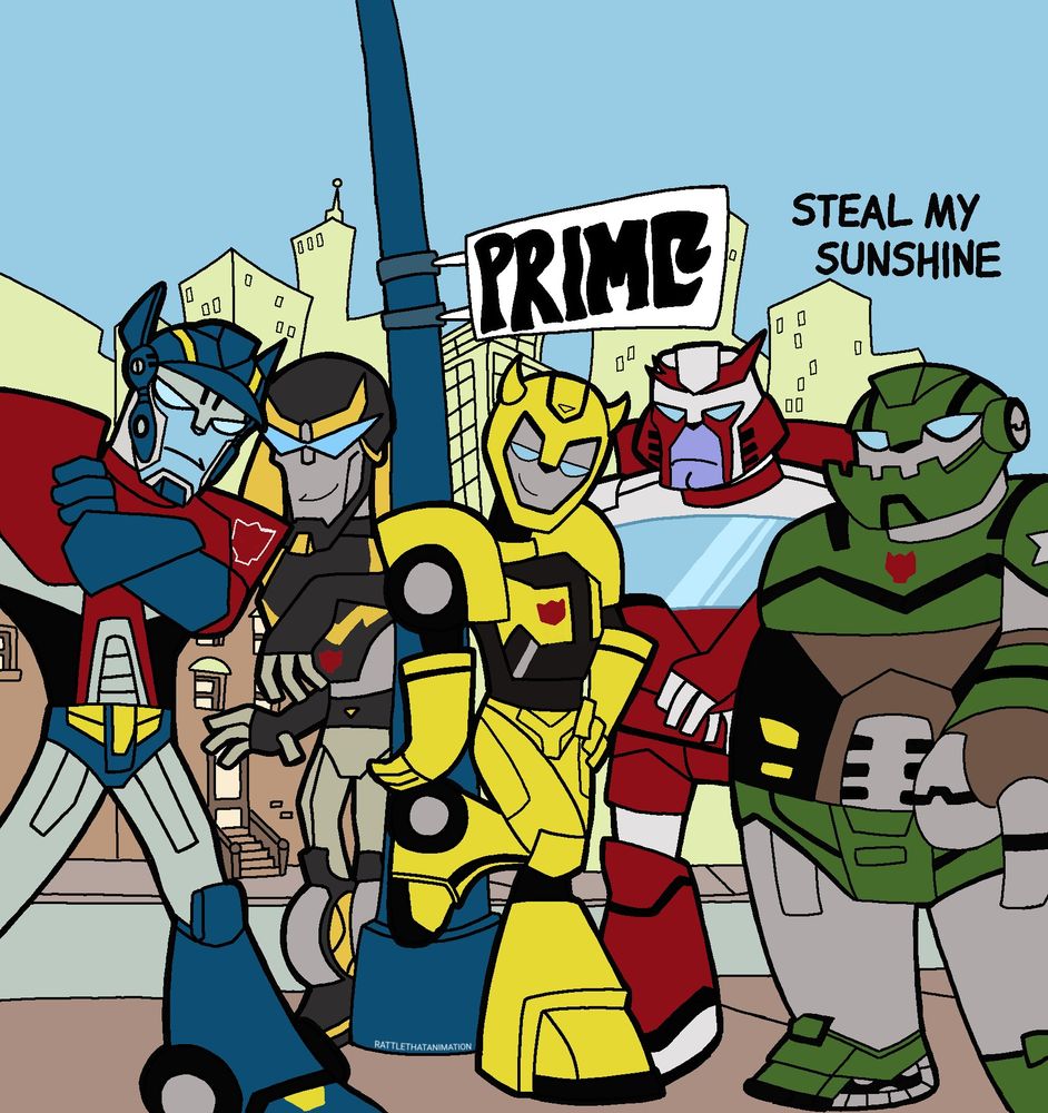 A Transformers animated (2007) parody of the EP 'Steal My Sunshine' by LEN. From left to right it has Optimus with his arms crossed, Prowl and Bumblebee leaning against a post with a sign saying "PRIME" instead of "LEN", Ratchet with his hands crossed over his stomach, and Bulkhead with his left arm outstretched. 