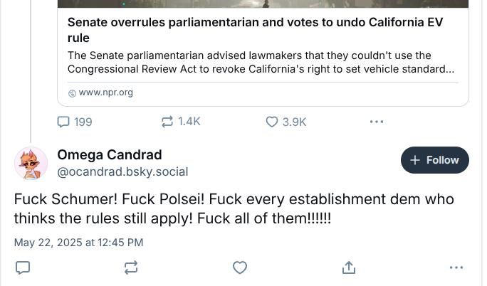 Post from “Omega Candrad”:

“Fuck Schumer! Fuck Polsei! Fuck every establishment dem who thinks the rules still apply! Fuck all of them!!!!!!”
May 22, 2025 at 12:45 PM

(Spelling and punctuation as in original)