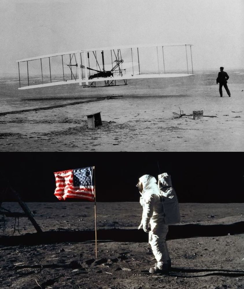 Top (17 December 1903) – The Wright brothers’ first successful flight of the Wright Flyer at Kitty Hawk, North Carolina.

Bottom (20 July 1969) – Astronaut Buzz Aldrin standing beside the U.S. flag on the lunar surface during an Apollo 11 EVA.