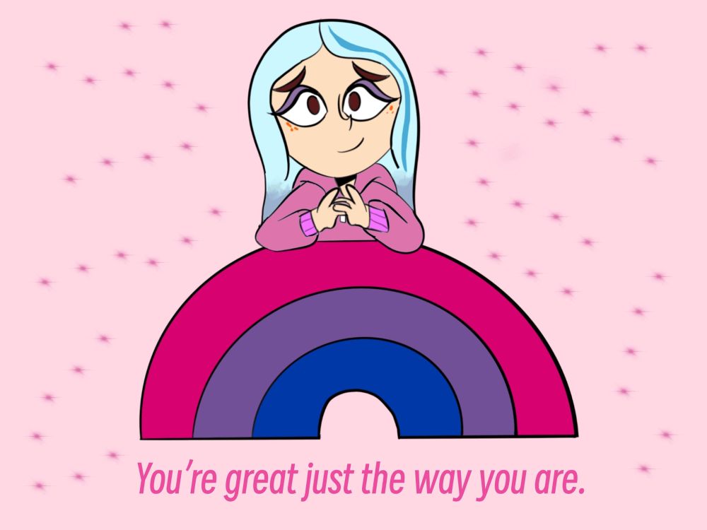 Andrea Davenport resting on a bi-colored rainbow accompanied by text that says “You’re great just the way you are.”