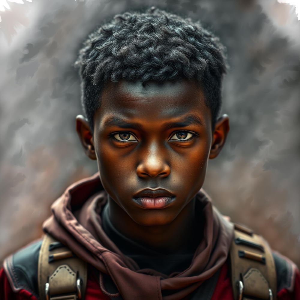 Überzeichnetes Bild eines männlichen Jugendlichen. Er trägt eine Kaputzenjacke. Sein Haar ist kurz und gekraust. Sein Gesichtsausdruck ist ernst und ein wenig traurig. Er hat schwarze Hautfarbe.