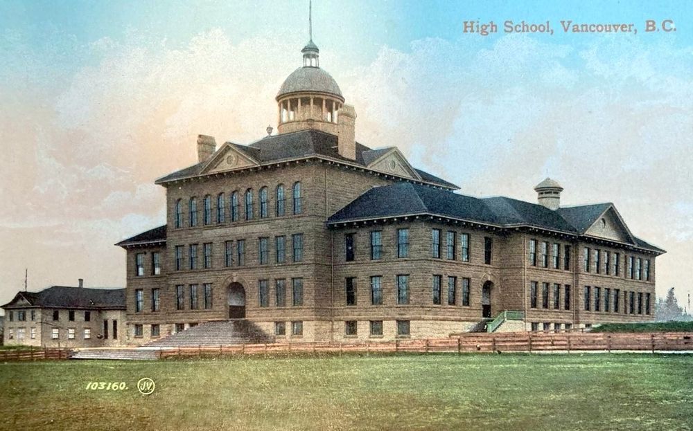 A three storey and basement brown brick building with a cupola that sat at West 12th and Oak Street until it burned down on June 19, 1973