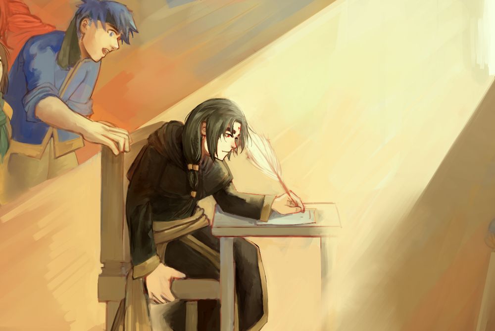 Soren is writing on the paper with tired eyes, Ike is reaching his hand toward Soren and calling him.