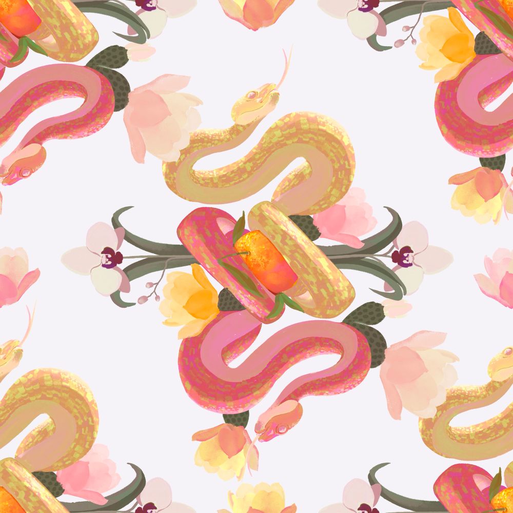 An illustration of pink and yellow snakes wrapped around a tangerine, surrounded by purple orchids, yellow cactus blossoms and pink cactus blossoms. The image is repeated into a pattern and drawn for Lunar New Year 2025. 