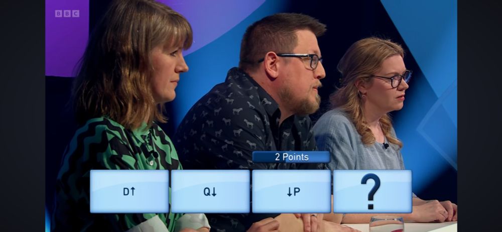 Clue 3/3 for 2 points
D	and an arrow pointing upward
Q	and an arrow pointing downward
P	and an arrow pointing downward

Time to guess the 4th item, 