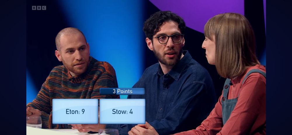 Screenshot of the game Only connect airing on BBC2

Clue 2/4 for 3 points:
Eton: 9
Stow: 4

The candidates are exchanging potential answers