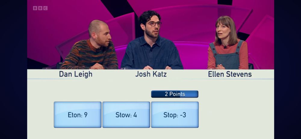 Screenshot of the game Only connect airing on BBC2

Clue 3 for 2/4 points:
Eton: 9
Stow: 4
Stop: - 3

The candidates are now quite puzzled by this clue