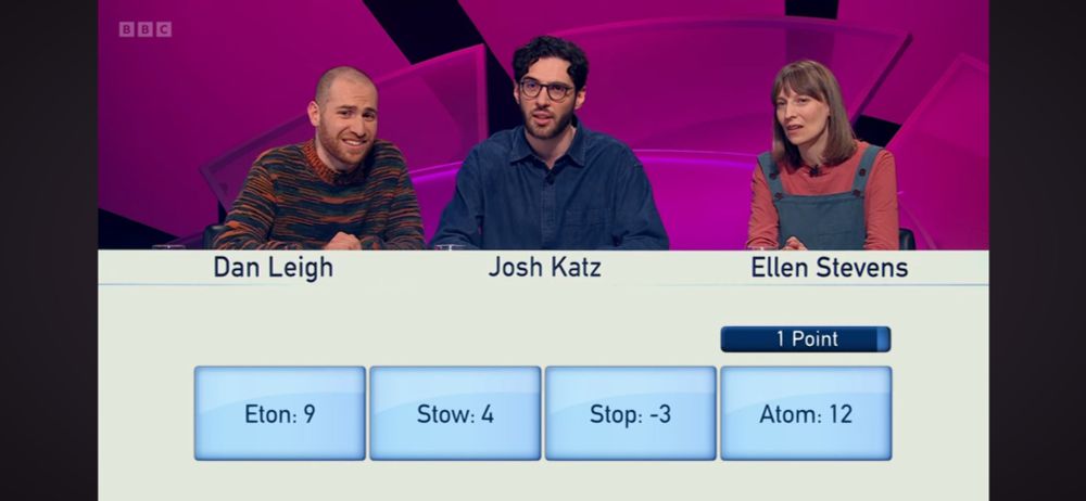 Screenshot of the game Only connect airing on BBC2

Clue 4 (the giveaway) for 1 point:
Eton: 9
Stow: 4
Stop: - 3
Atom: 12

The time is running out and still don't have any answer
