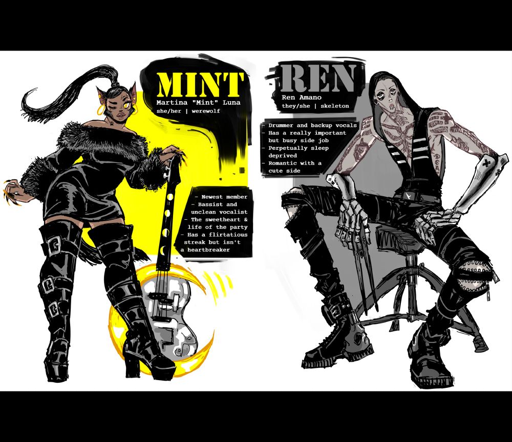 Character profiles for two members. The band's bassist, Mint, a werewolf, and drummer, Ren, a skeleton