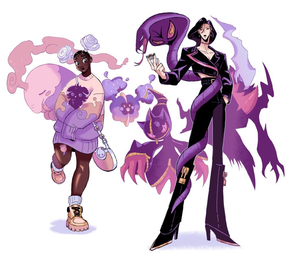 an illustration of sapphic OCs Mor and Dom with three pokemon each. Mor is holding an espurr, while a musharna and cosmog float behind her. An Arbok wraps around Dom with a Mega Banette and Darkrai floating behind her
