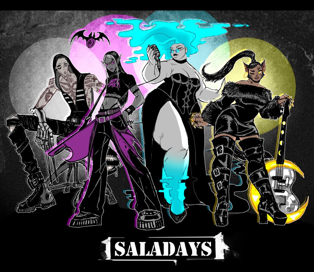 An illustration of a fictional band, made up of 4 supernatural people. The title "SalaDays" is written at the bottom