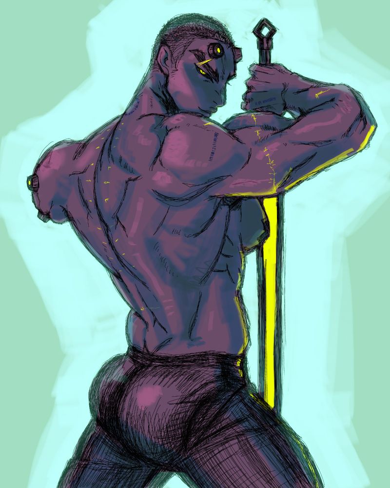 An illustration of a muscular character holding a sword. Their left arm is amputated under the shoulder, with cybernetic impants protruding from it. Similar implants are protruding from their forehead