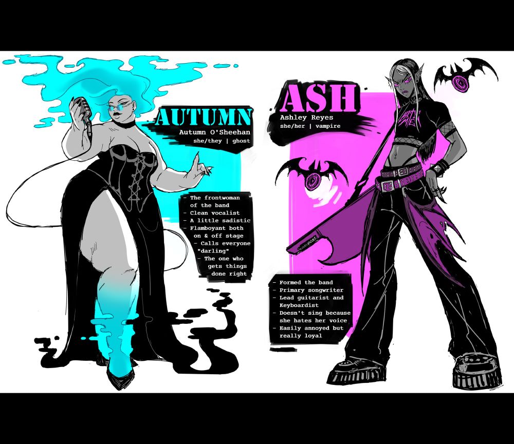 Character profiles for two members. The band's singer, Autumn, a ghost, and the band's songwriter, guitartist and keyboardist, Ash, a vampire