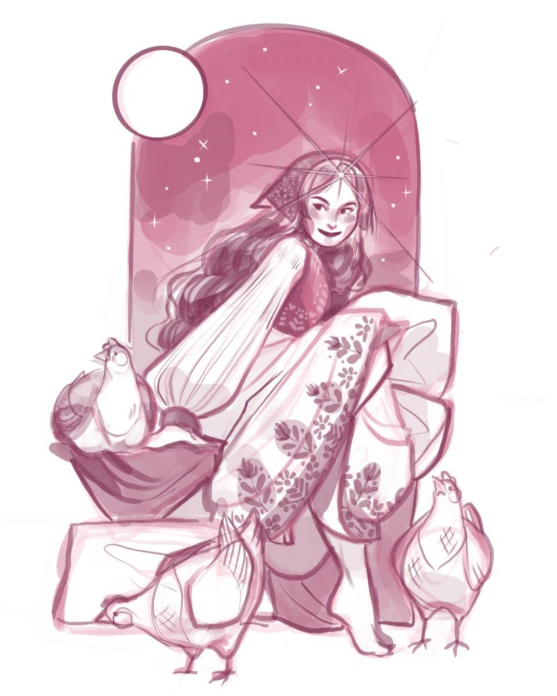 A girl with a shining star on her forehead and three chickens
