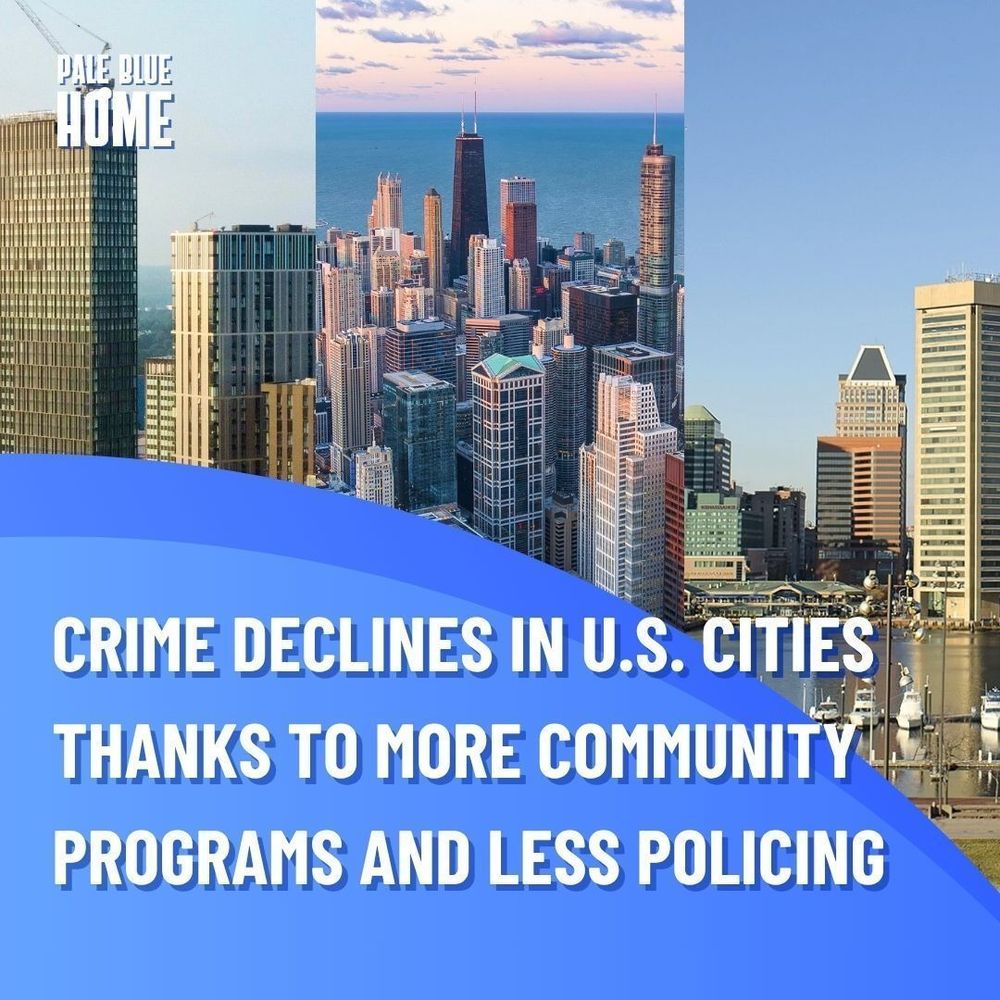 CRIME DECLINES IN U.S. CITIES THANKS TO MORE COMMUNITY PROGRAMS AND LESS POLICING. A background image collage from left to right of Birmingham, Alabama, Chicago, Illinois, and Baltimore, Maryland.