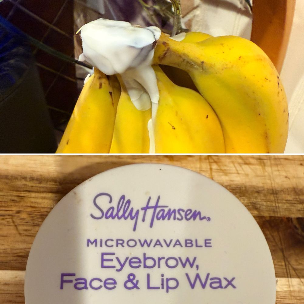 Split screen photo. On top is a bunch of bananas hanging on a hook with white wax dripped over the tips to preserve them. The bottom is a picture of a small white tub of Sally Hansen Microwavable Eyebrow Face & Lip Wax