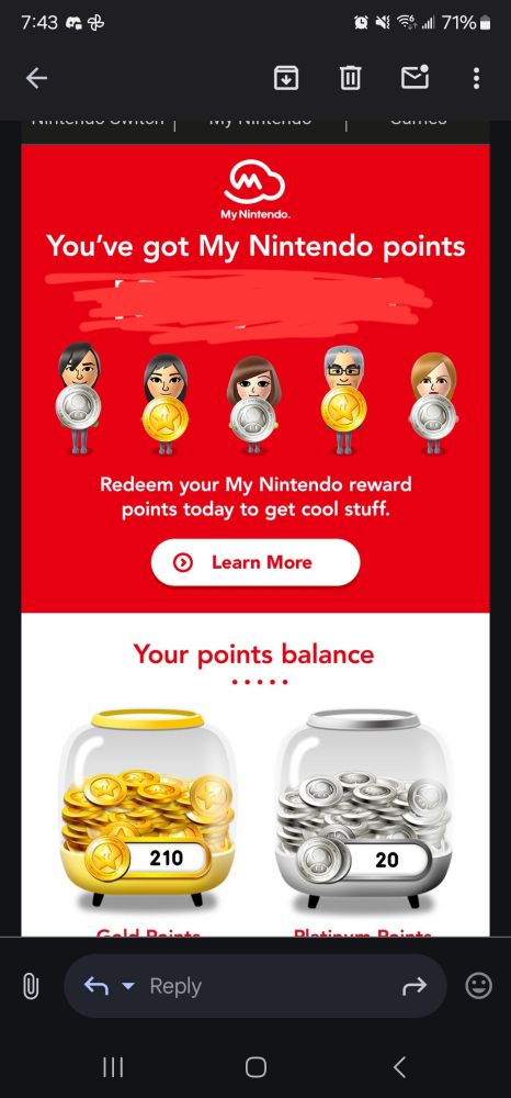 Screenshot of an email showing off how many My Nintendo points have been earned.