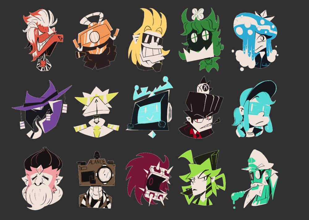 Icons of my characters based on the DEADLOCK TOASTED style, made by @ToastyGhostey. You can download the original mod here; https://gamebanana.com/mods/610813
The style consists of each character drawn nearly lineless with an off-white, an off-black, and their signature color.
In order;
Red Lightning, Coalfoot, Syber Surfer, Mossrock, Rivers
Gravester, K. Ra, Fyte Byte, Dex & Ex, Cina
Neacaque, Serv, Brace, Gage, Spyglass