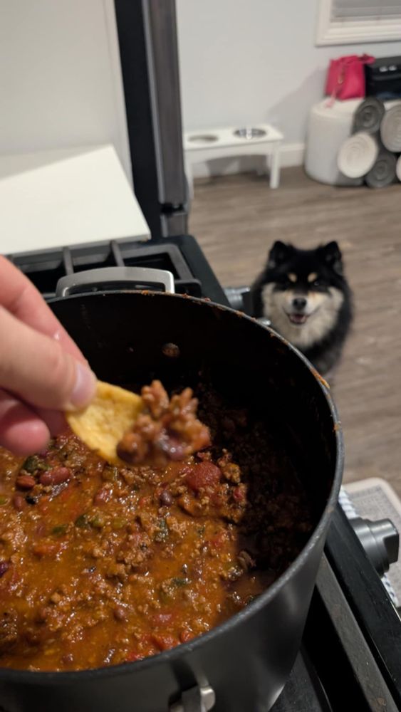 A picture of my fiancé’s hand, eating the chili I made straight from the pot with a frito chip. In the blurred background, my dog Bumble sits smiling, attentively staring at the food.