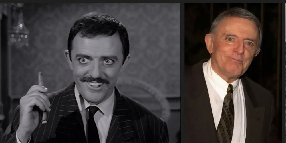 Two pics of John Astin. On the left he is Gomez Addams grinning while holding a cigar and on the right he is looking dapper in a more modern suit.
