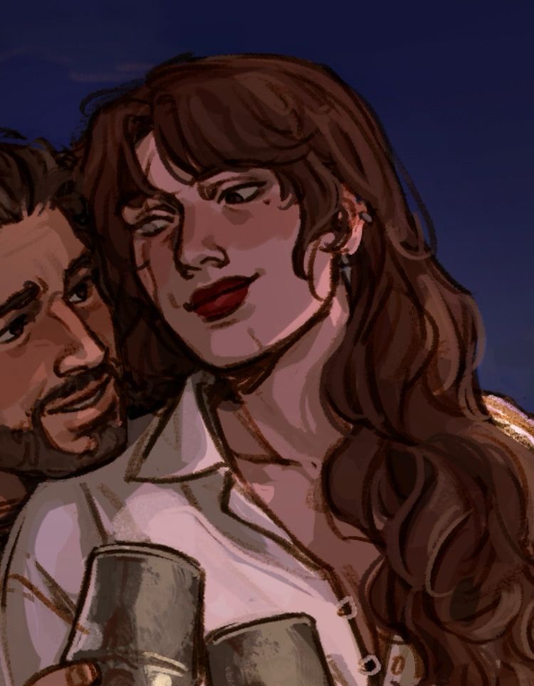 On a balcony overlooking a twilight sky, a tall, pale woman with long dark hair, red lipstick and a scar through one eye gazes softly at Gale with his chin on her shoulder. They clink goblets of wine in celebration. Gale is cropped out again (sorry gale)