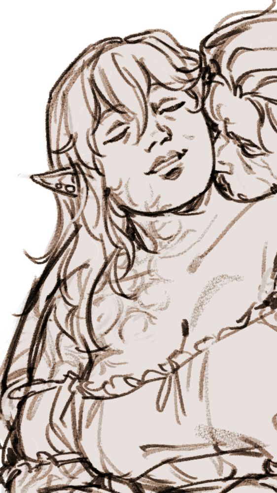 Line drawing of a plus-size elven woman in a ruched camisole, with a prominent burn scar up one arm and one side of her neck. Gale has his arms wrapped around her from behind, leaning down to compensate for their height difference. Her long hair is pushed to one side as gale kisses the side of her neck. Both their eyes are closed and relaxed. You know the drill, cropped so Gale isn’t prominent (sorry man)