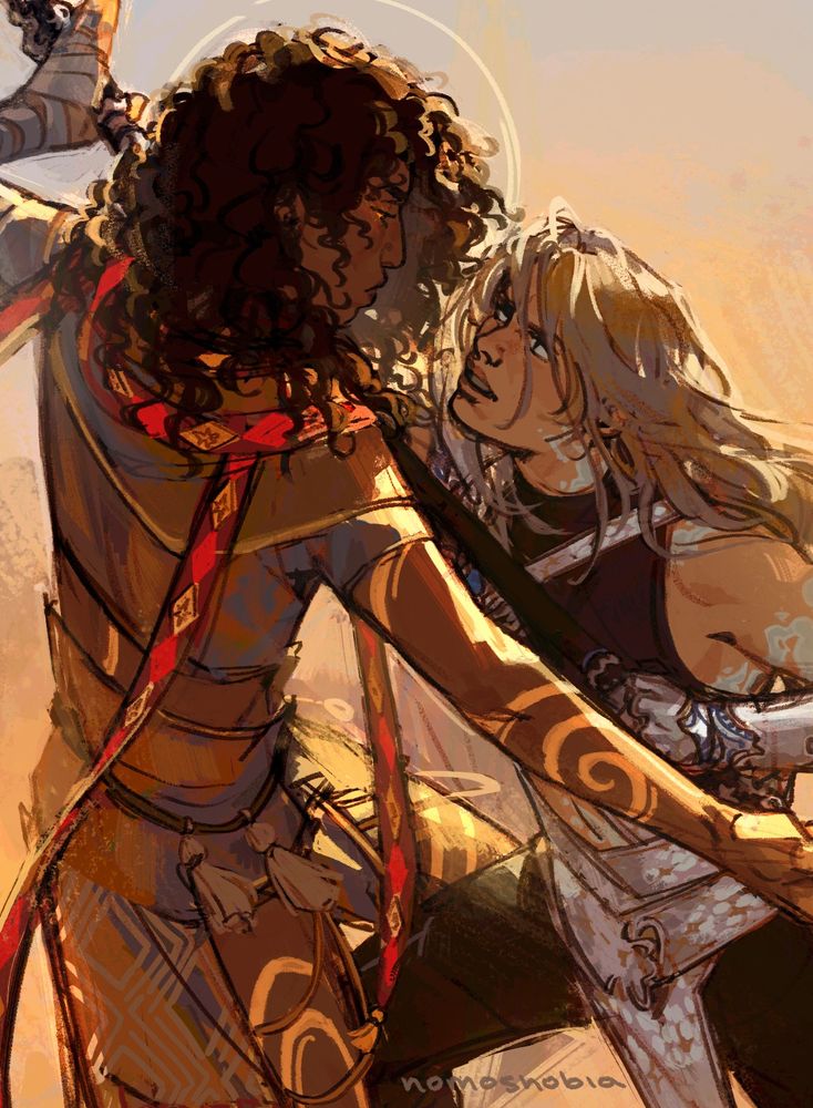 Two childhood friends locked in a long awaited confrontation, lit by the desert sun and years of resentment. A dark-skinned woman, crowned in wild curls and a halo of light, calmly deflects a bo staff attack from a pale woman with white scale armour, stardust tattoos and fury in her eyes. 
The false prophet returns, and the Messenger of Aun rises to meet her.
