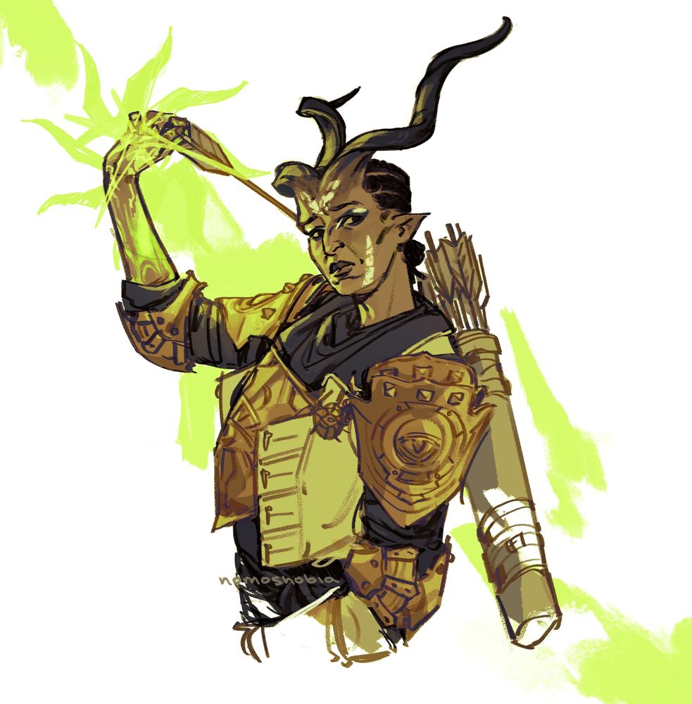 Illustration of my DA:I inquisitor drawing an arrow from her back quiver as her hand glows green with the fade rift anchor in her palm. The hand is framed in an equally green inquisition logo and the canvas is split by a green rift-like pattern. Khadija is a 7ft 40-something Qunari rogue with light brown skin, long spiralled kudu antelope horns, heavy black eyeshadow and white vitaar, and cornrow braids tied into a small bun at the nape of her neck. She wears a long white leather coat with black detailing and gold armour. It’s masked by the eye makeup, but she looks afraid and a little torn.