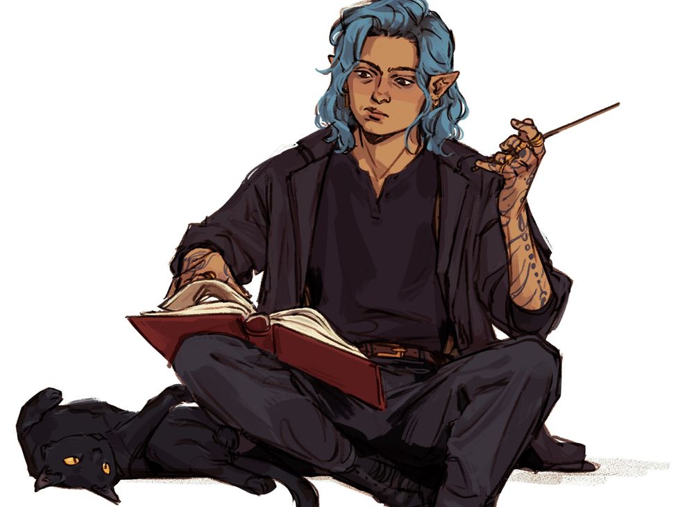 Illustration of a blue-haired elven wizard student, clad in casual black clothing with the sleeves rolled up. He’s got a wand held loosely in his ring-adorned hand, turning the page of a book in their lap with the other, and both her forearms are coated in arcane tattoos. A black cat is splayed out under at their side, padding playfully at her knee. Commission for @/_neerjag on twitter