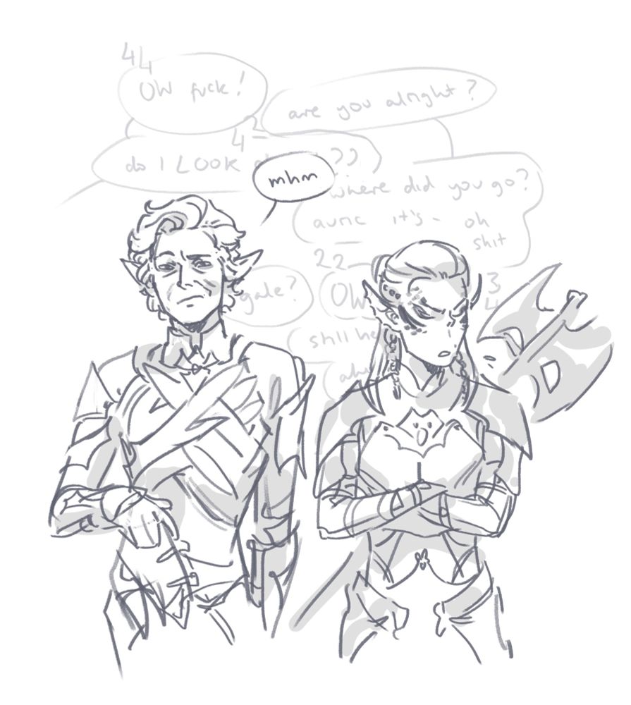 Astarion and Lae’zel watch in varying degrees of disappointment, disgust and amusement as Gale and Auric yell at each other across the room and repeatedly get shot by the turret they didn’t destroy in time