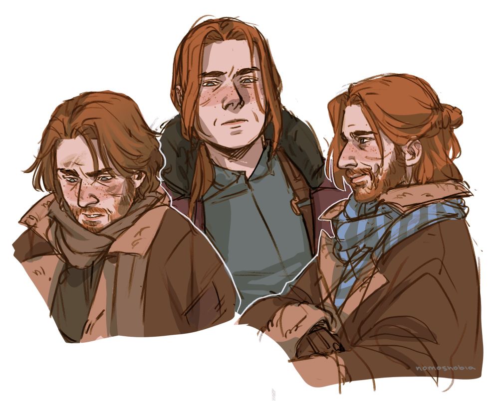 Three sketches of Caleb, one with short hair and covered in dirt from the early campaign, one clean-shaven and hair grown out in nicer clothes from mid-campaign, and one with a full beard and long hair tied back in a similar style jacket to the first but cozier and cleaner with a long blue striped scarf, looking content