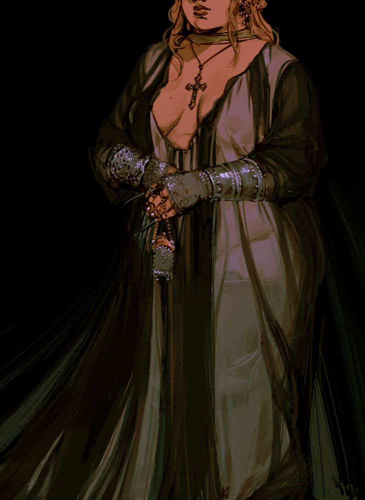 An illustration of a gorgeous, chubby, brown-skinned woman with strawberry blonde hair in Chappell Roan’s black and sheer dress from the VMAs, cross necklace and deep neckline included. She’s half-elf, half-dwarf. Commission for @/PryaMuseVM9 on twitter