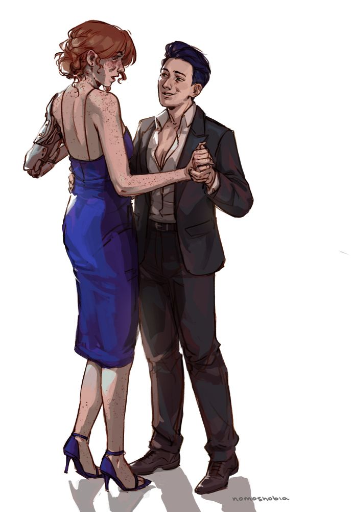 A short-haired butch woman in a black suit leads a taller ginger woman with a robotic arm and a blue dress into a tentative dance. The taller woman is awkward and a bit flustered.