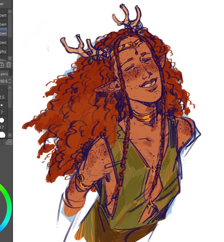 sketchy coloured drawing of a young keyleth from critical role, leaning into the wind and grinning. She has a lot of coily ginger hair with long twists framing her face, flushed cheeks and heavy freckles, and a slight tooth gap. She’s wearing her antler headpiece adorned with tiny flowers, a loose green tunic dress and gold band jewellery. 