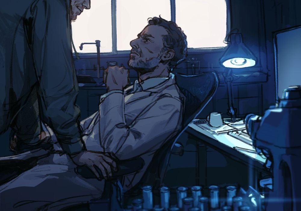 In a dark, cluttered room lit by sparse cool-blue lights, a scientist in a lab coat glares at the man who has spun his chair away from his desk - and therefore his work - to lean over him. He has short curly black hair and grey in his close-cropped beard. His companion’s teasing grin is visible in the top of the frame. Commission for @/huxfckerproxy on twitter 
