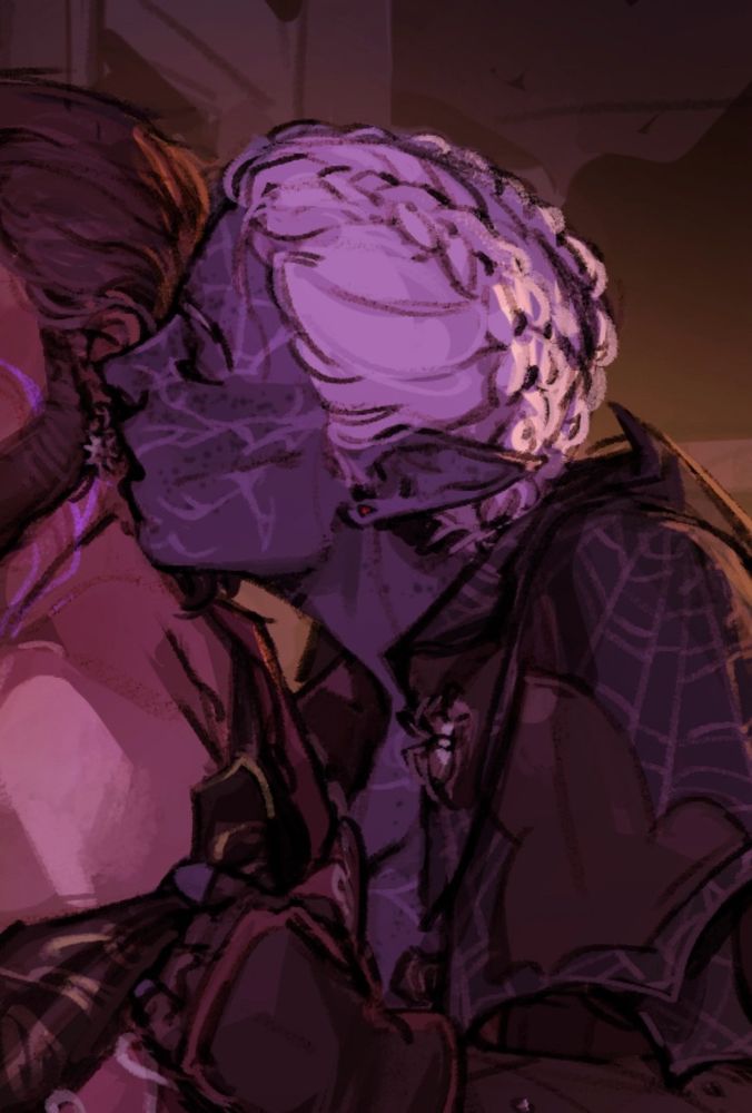 In a fire lit room, a drow woman with elaborate white spidering tattoos and short white hair in two braids presses an open mouth kiss on the back of gale’s neck, his jacket pulled down around his shoulders. His mark is glowing softly. Cropped so you can’t see his face (sorry gale)