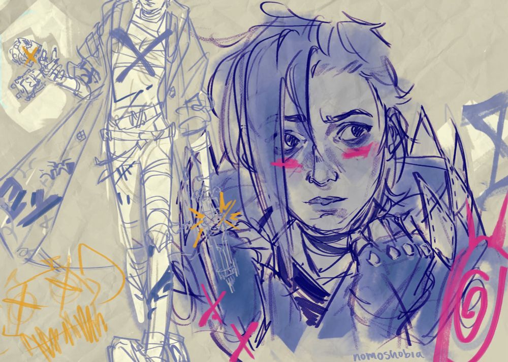 Sketchy blue drawing on Jinx from Arcane looking vulnerable but determined, pulling her shark hood up over her short-cropped hair. Overlaid with another sketch of her walking relaxed towards the viewer, gun in one hand, two grenades in the other. She’s wearing Ekko’s jacket. The whole image is scattered with pink, yellow and blue Xs and Jinx’s scratchy drawings