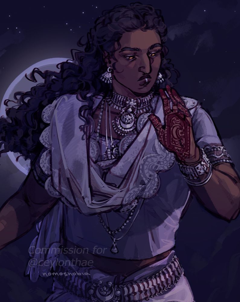 Jhandra, a beautiful dark-skinned moon goddess with a waterfall of dark curly hair lit by the full moon behind her. She’s built like a body-builder and her hands are covered in henna-like tattoos with crescent moon iconography. She’s dressed in a silver/purple short-sleeve blouse and loose scarf reminiscent of south-asian traditional dress, with lots of silver jewellery with crescent shapes, and she has silver eye makeup and a line down the centre of her bottom lip. She looks pensive and powerful. 