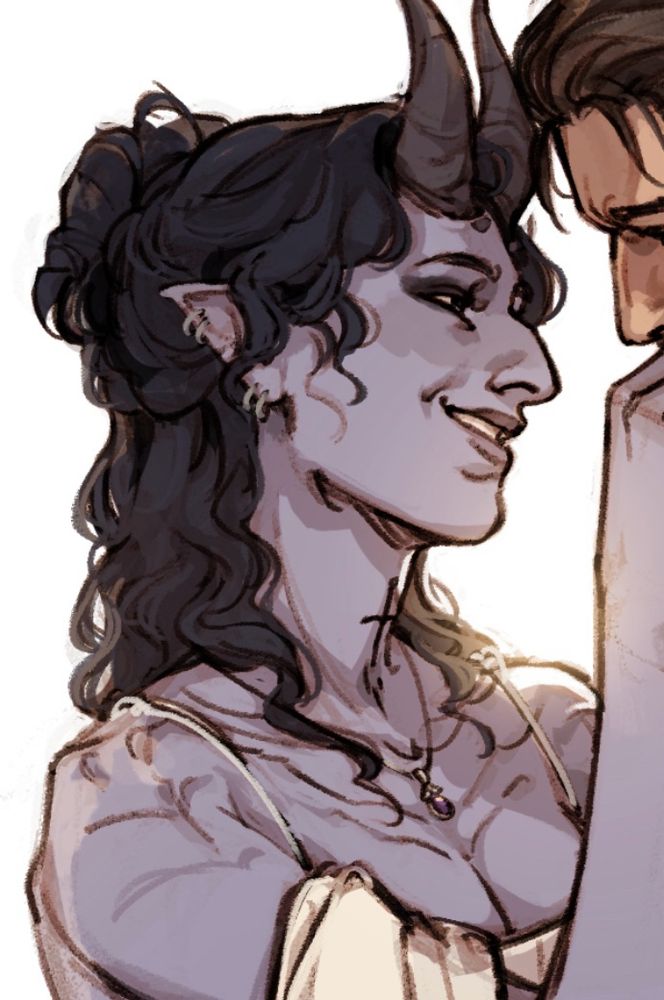 Side profile of a lavender tiefling in a white wedding dress, her dark hair half up and gently framing her face. She has a prominent aquiline nose and a wide smile and Gale leans in to kiss their enjoined hands. No background but a soft gold lights them from behind. Cropped so Gale is barely visible (sorry gale)