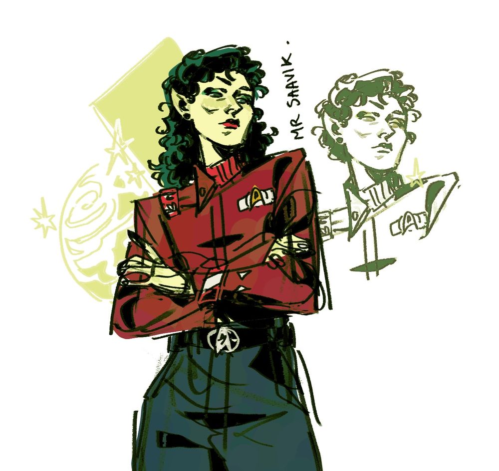 A blocky sketch of Saavik from Star Trek, in a cropped jacket and baggy jeans reminiscent of her actual uniform in WoK. She has her arms crossed and is looking only vaguely judgmental. Behind her are star and planet patterns and a duplicate of the same lineart but with her hair up.