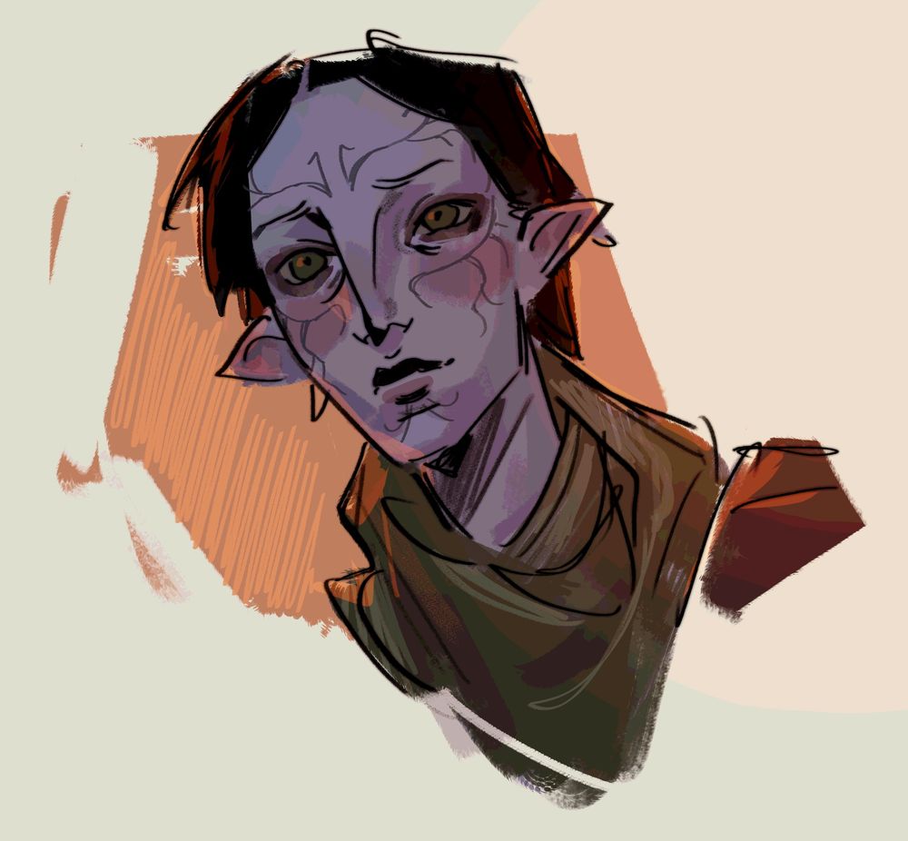 Sketchy portrait of Merrill from Dragon Age 2, coloured in cool dark tones and backlit in orange. Guys I love her massive eyes she’s so cute, please don’t ask me what’s going on with her hair